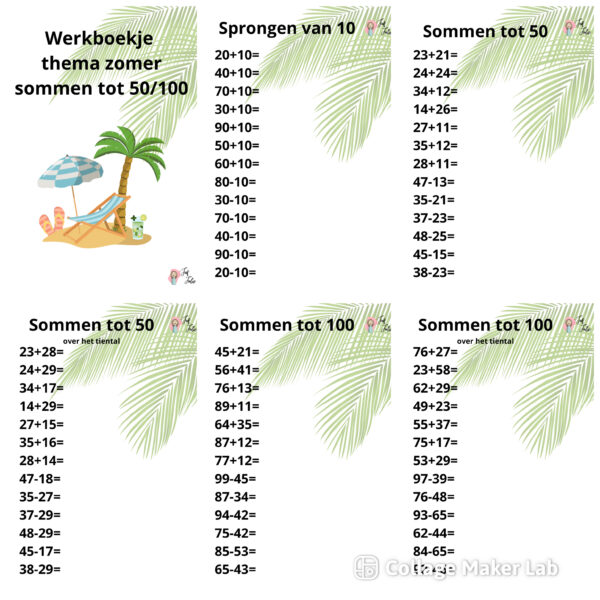 Werkboekje thema zomer sommen tot 50-100
